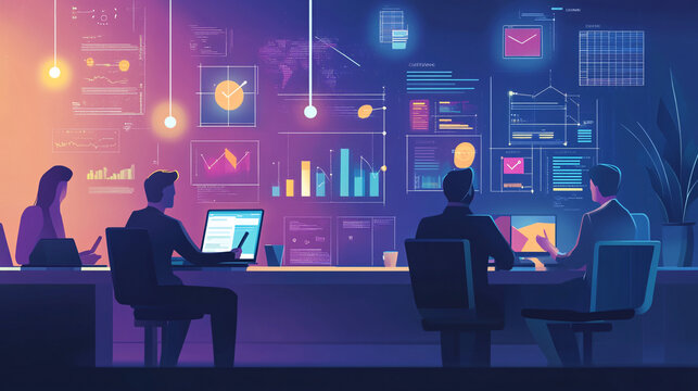A stylized office scene where team members collaborate on customer engagement strategies using tablets and data charts, with floating icons representing strong client relationships. 