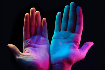 Two hands showing a sale advertisement copy space and black background with burst of colors with colorful glitter style