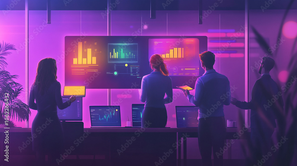 Poster a stylized office setting where team members use smartboards and interactive dashboards to develop c