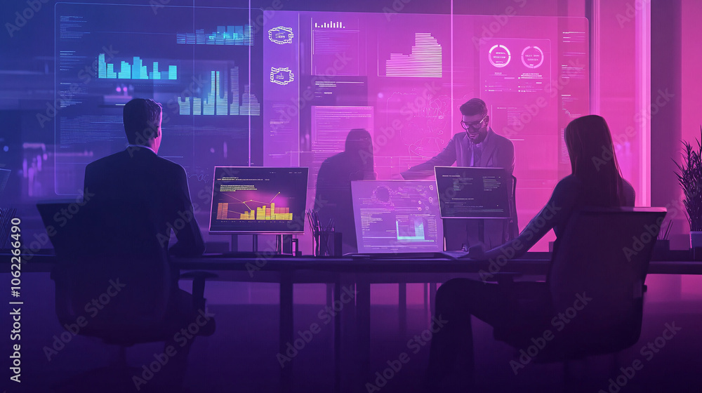 Poster a stylized office setting where team members use smartboards and interactive dashboards to develop c