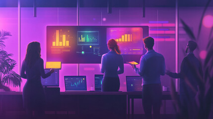 A stylized office setting where team members use smartboards and interactive dashboards to develop CMR strategies, with glowing customer feedback charts floating in the background. 