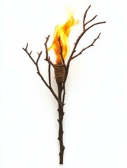 A rustic torch crafted from branches, ignited with a fiery flame, symbolizes hope, survival, wilderness, and the primal essence of fire.