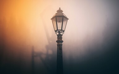 street lamp in the fog A vintage street lamp stands tall against a backdrop of thick fog, bathed in the soft glow of an orange sunrise.