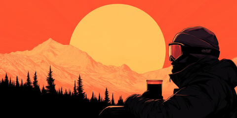 Silhouetted skier enjoys a warm drink at sunset with a mountain view.
