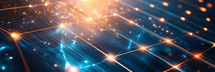 Fototapeta premium A stylized solar panel icon glowing with electric pulses, connected to a digital grid of renewable energy data analytics. 