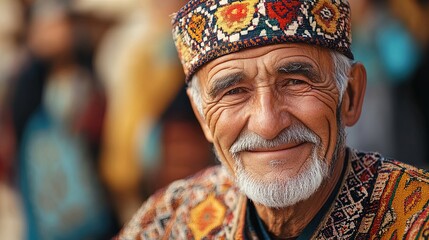 Obraz premium Embracing Heritage: A Close-Up of an Elderly Man in Traditional Clothing, Perfect for Cultural Appreciation Posters or Sports Interior Design, Celebrating Respect for Traditions.