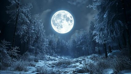 A full moon shines brightly over a snowy forest at night - Powered by Adobe