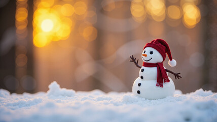 Smiling Snowman at Sunset in Snowy Landscape