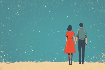 Obraz premium Minimalistic illustration of a young couple holding hands under a starry sky