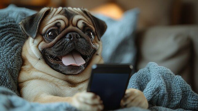 A happy pug with its tongue out is using a smartphone while sitting on a sofa with a blanket. This image represents technology, pet ownership, companionship, relaxation, and comfort.