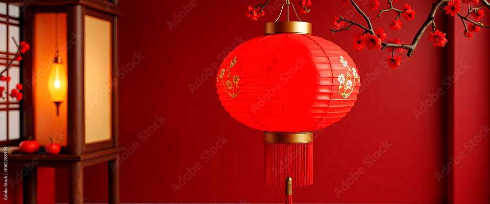 Poster a red lantern with a dragon on it is hanging from a wall. the lantern is the main focus of the image