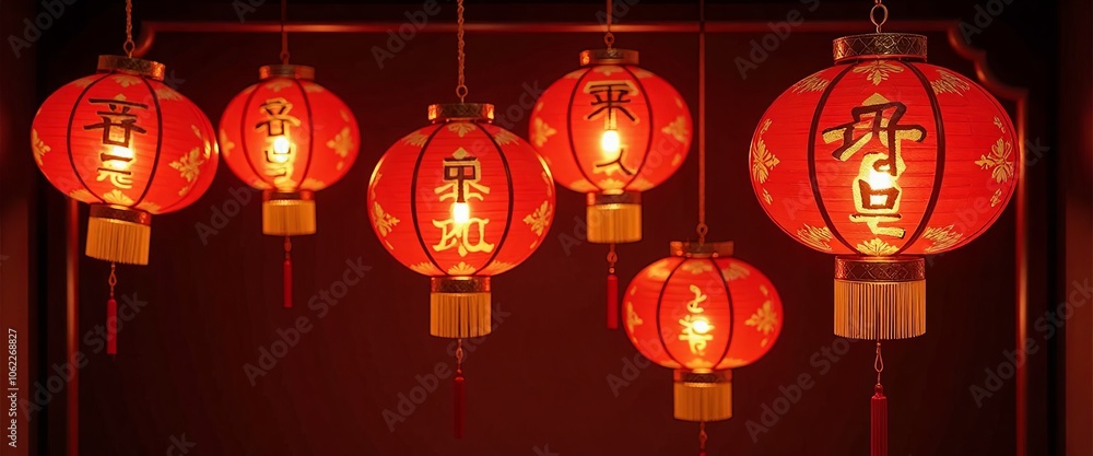 Poster a row of red lanterns with chinese characters on them. the lanterns are lit up and hanging from a wa