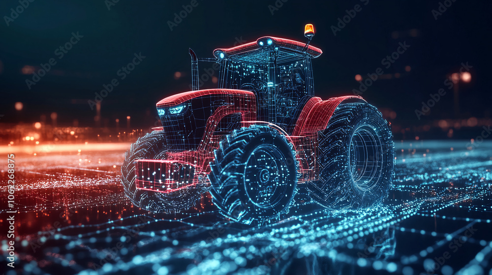 Poster a stylized tractor icon with holographic data streams surrounding it, symbolizing rapid transformati