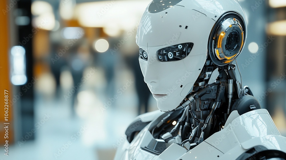 Poster close-up of a white humanoid robot with glowing eyes in a futuristic setting.