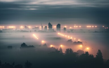 Fototapeta premium street lamp in the fog City skyline obscured by fog and illuminated by streetlights at night.