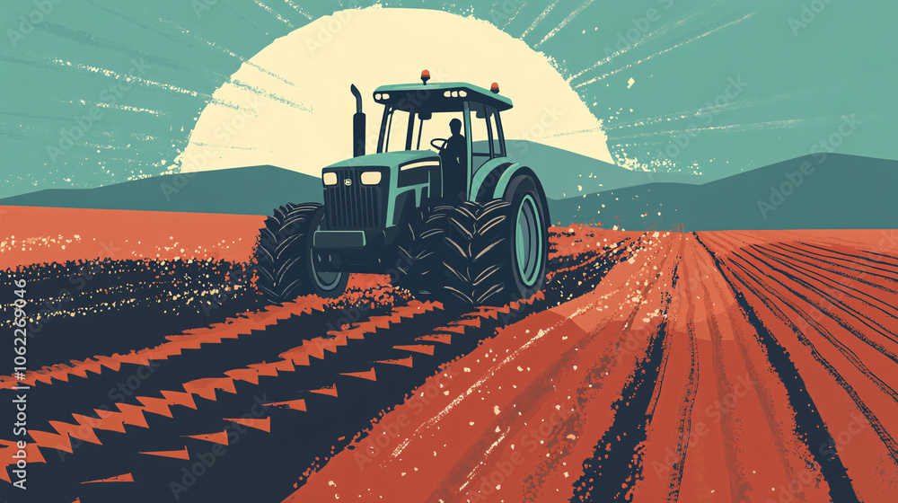 Poster a stylized tractor plowing a field with arrows symbolizing efficiency and adaptability, representing
