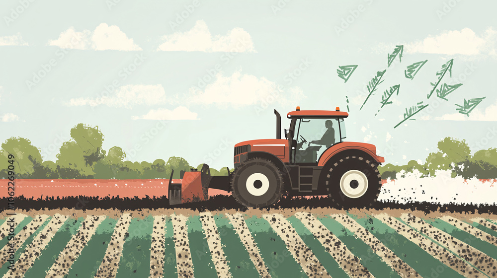 Poster a stylized tractor plowing a field with arrows symbolizing efficiency and adaptability, representing