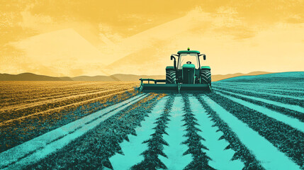 Fototapeta premium A stylized tractor plowing a field with arrows symbolizing efficiency and adaptability, representing rapid shifts in agricultural technology for improved output. 