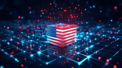 American flag glowing on a digital grid with red and blue lights.