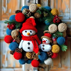 New Year's decor, amigurumi snowman and Christmas wreath	