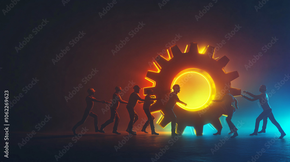 Poster a team of digital workers pushing a glowing gear, symbolizing teamwork and the agile transformation 