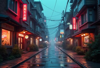 Misty evening stroll through a tranquil street lined with vibrant neon signs in an Asian town under soft rain