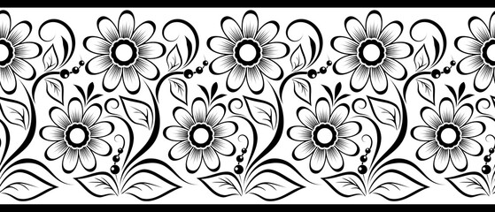 Seamless floral border black and white with flowers, swirls, leaves and berries, Decorative design element