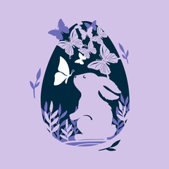 Cute Easter bunny with butterflies 3D layered paper cut style vector illustration. Rabbit Shadow box eps. Vector layout template for greeting card, poster, invitation