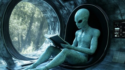 An alien reading a book in a spaceship window.