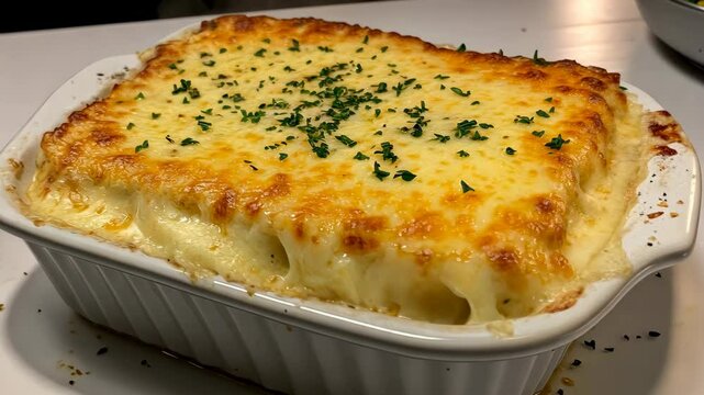 A cheesy casserole dish topped with parsley, perfect for a cozy dinner