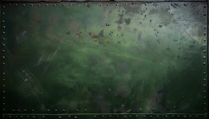 Close-up of a weathered green metal surface with rivets along the edges.