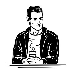 Beautiful young man in a cafe with coffee. City girl. Coffee time, leisure and lifestyle. Vector black white isolated art illustration. Hand drawn sketch