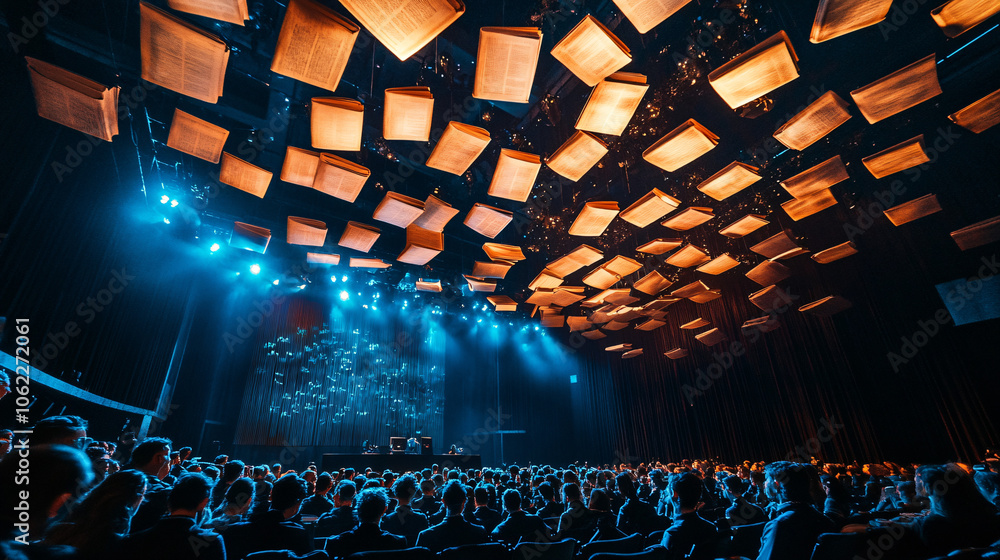 Poster a wide stage with giant floating books hovering above, illuminating rows of attendees seated below