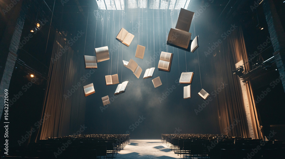 Poster a wide stage with giant floating books hovering above, illuminating rows of attendees seated below
