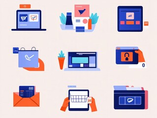 Set flat design illustrations showing various online shopping activities like payments and loyalty programs