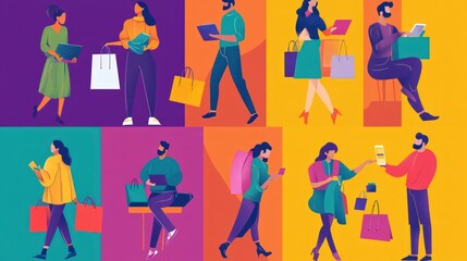 Set vibrant illustrations featuring men and women engaged in various online shopping and e-commerce activities