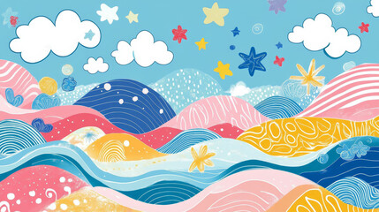 Naklejka premium Add familiar items like flowers, clouds, stars, and trees. Patterns with large open spaces, such as waves, hearts, or clouds, are ideal for young colorers. 