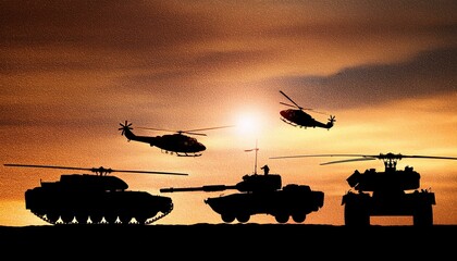 Silhouettes of military vehicles and helicopters against an orange sunset sky.