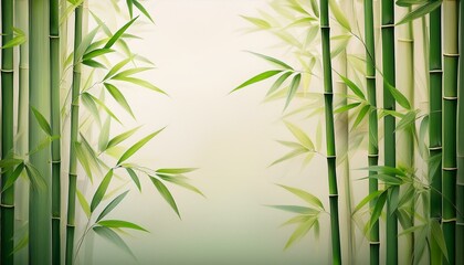 Close-up of lush green bamboo stalks with delicate leaves, creating a natural, serene background.