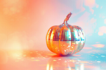 Halloween pumpkin made of a disco ball, shining with bright, colorful lights in a festive setting.