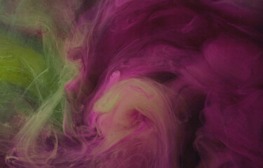 Oil drawing. Color synthesis. Talented design. Particle underwater blending flow move. Purple green mixing on art abstract background.