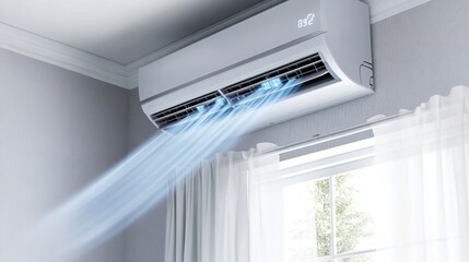 Air conditioner unit on a wall with cool air blowing. Indoor climate control and cooling concept. Design for advertisement and informational poster.