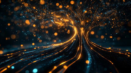 Naklejka premium Abstract digital tree with glowing data streams flowing through its branches, symbolizing the growth of knowledge in the digital age. 