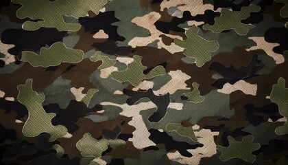 Close up of a camouflage fabric with various shades of green, brown, and black.