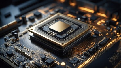 Fototapeta premium Advanced Technology Concept Visualization of Motherboard CPU Processor Microchip Starting Artificial Intelligence Digitalization Process of Data Computing and Processing.Digital Lines of Informatio
