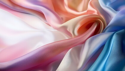 Soft, flowing fabric in shades of pink, peach, white, and blue.