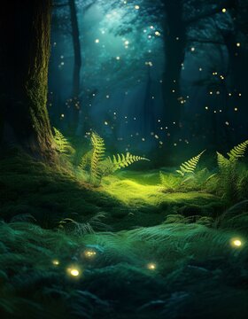 Magical forest scene with glowing fireflies and lush ferns.