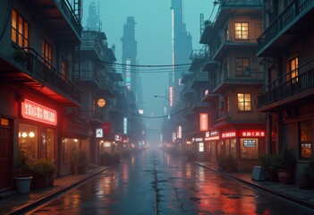 Naklejka premium Misty street in a vibrant neon-lit urban environment at night with reflections in puddles on the wet pavement