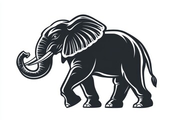 Obraz premium A powerful and majestic elephant illustration with its trunk raised high, symbolizing strength, wisdom, and good luck. The elephant is depicted in a vintage style with intricate details and a black a