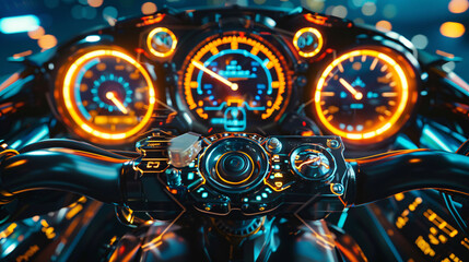Close-up of a futuristic motorcycle dashboard illuminated with vibrant orange and blue lights, showcasing advanced technology and sleek design